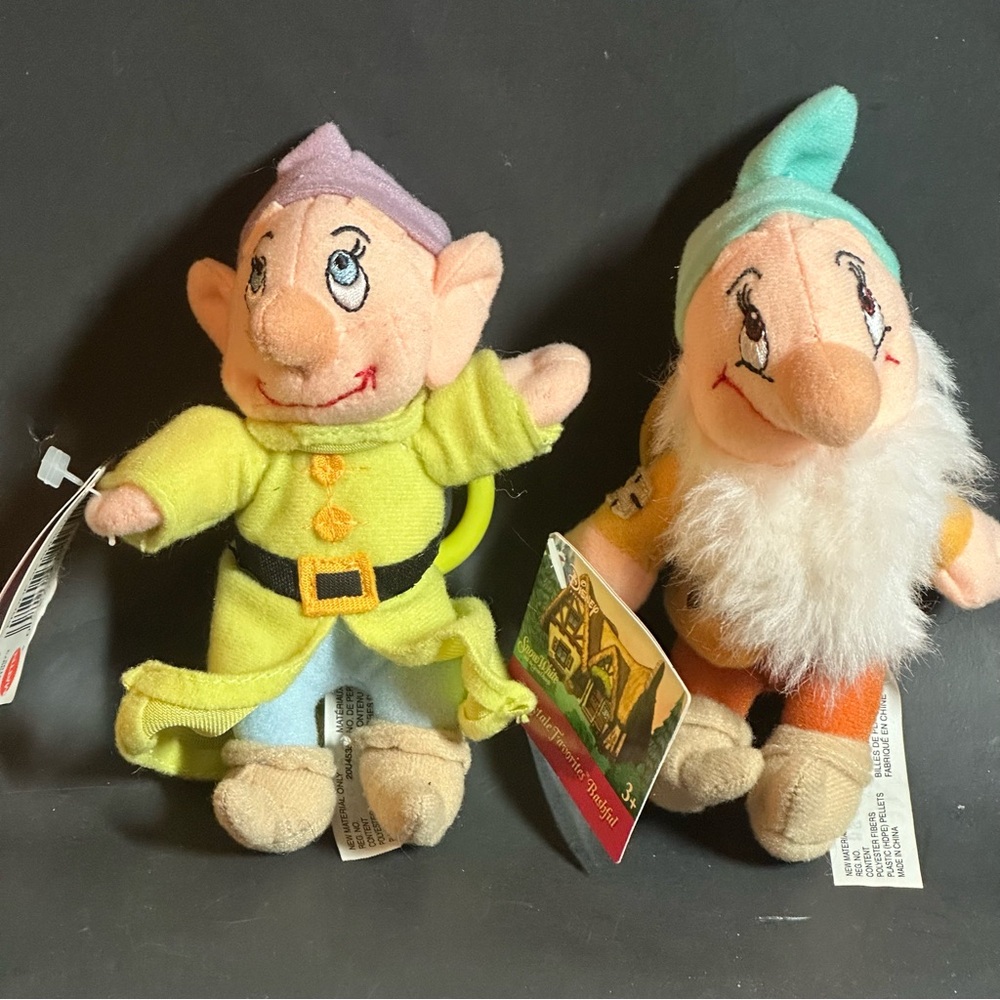 Set of 2 Disney Dwarfs Mattel Stuffed Clip Toy Vintage Snow White Collection